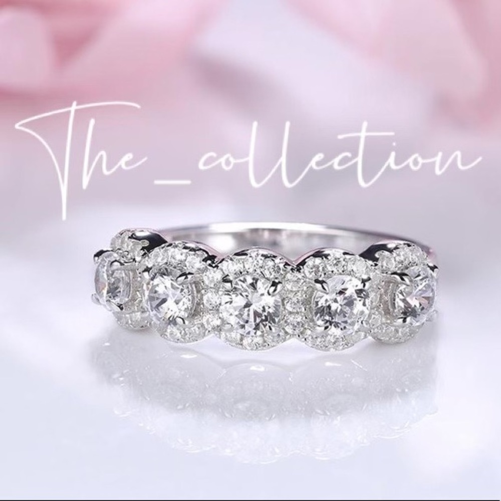 HALO FIVE STONE DIAMOND STERLING SILVER RING - Picture 5 of 5